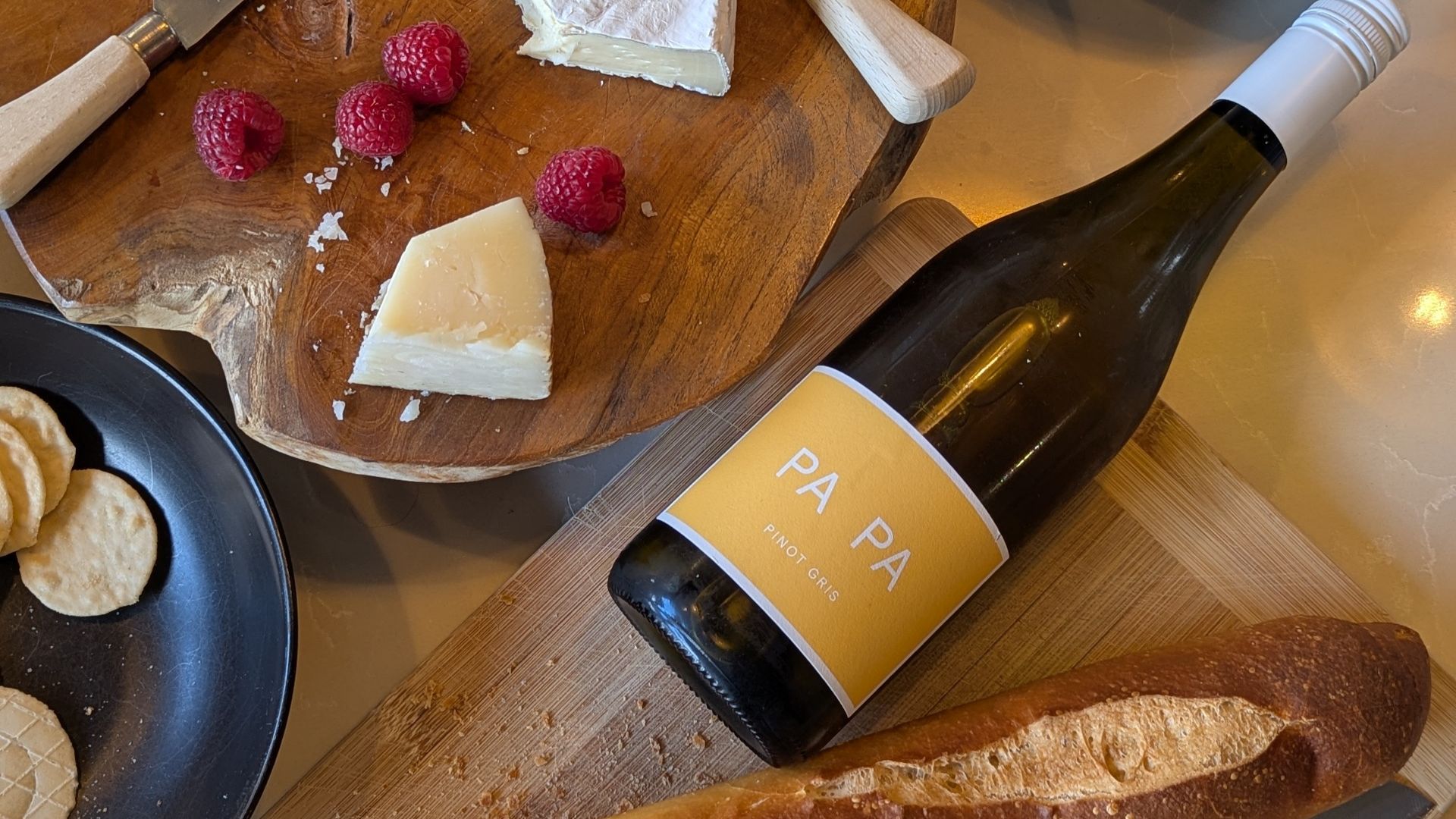 PA PA Pinot Gris shared with cheese, bread and snacks